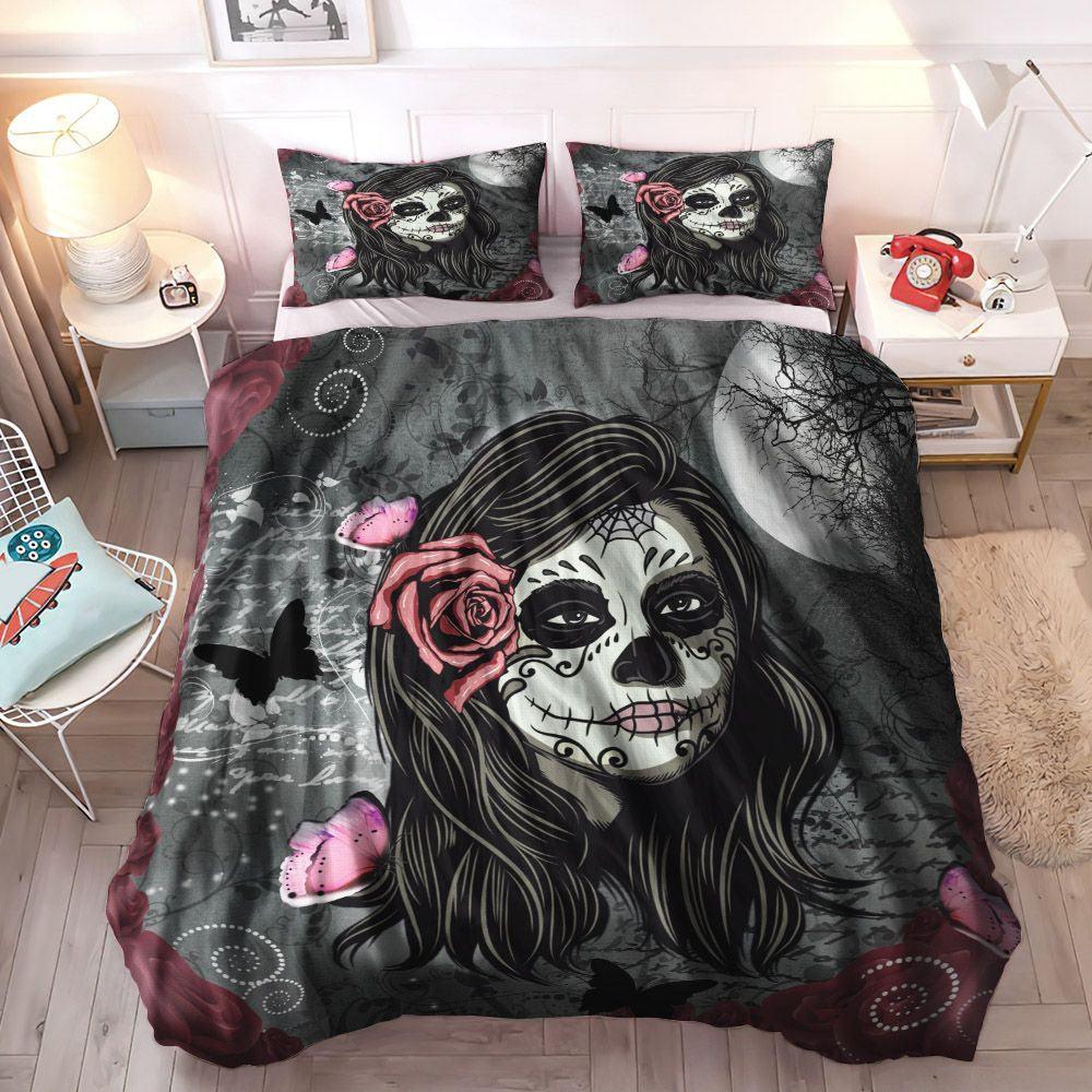 Grey Bedding Set, Skull Cozy Bedding Set, Sugar Skull Soft Duvet Cover Set, Gray And Deep Red Sugar Skull Bedding Set, Gifts for Gray