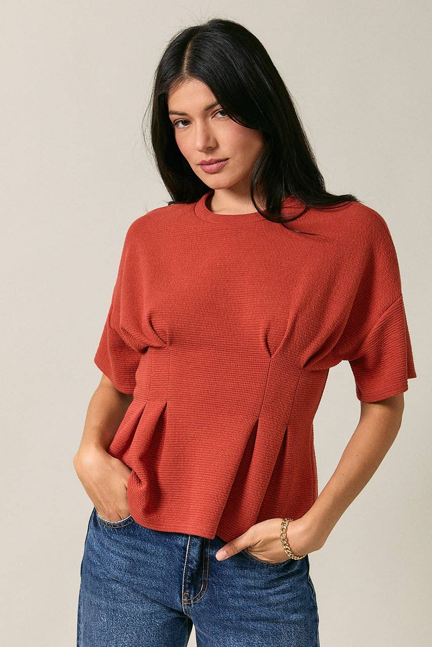 Crew Neck Short Sleeve Drop Shoulder Pin Tuck Detail Top