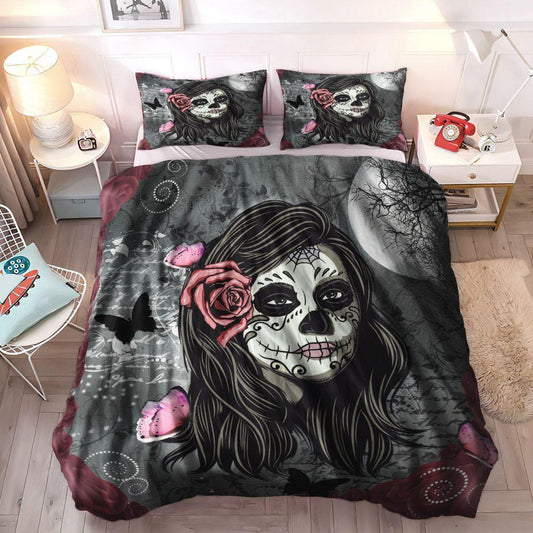 Grey Bedding Set, Skull Cozy Bedding Set, Sugar Skull Soft Duvet Cover Set, Gray And Deep Red Sugar Skull Bedding Set, Gifts for Gray