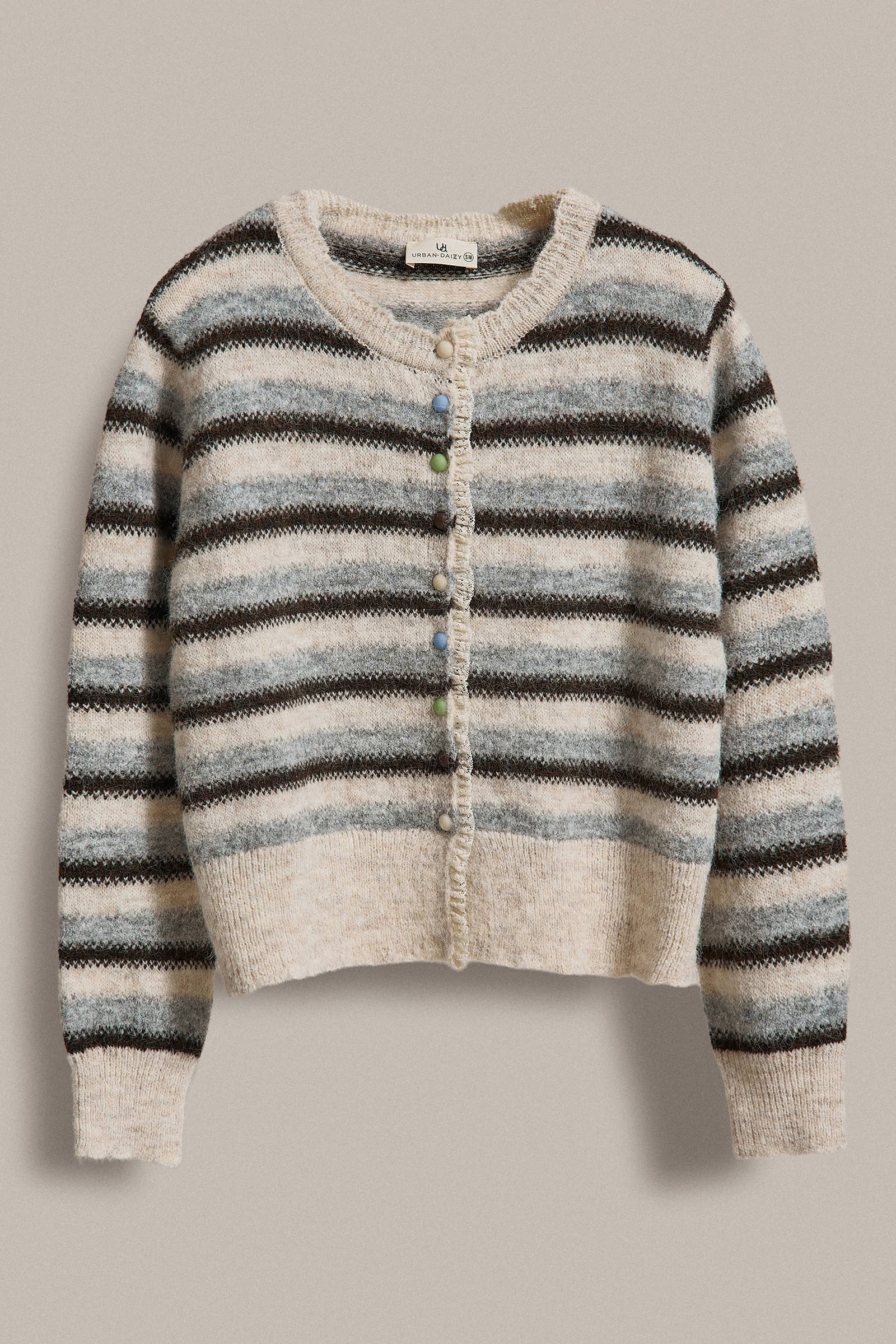 Lace Trim Striped Knit Cardigan with Candy Buttons