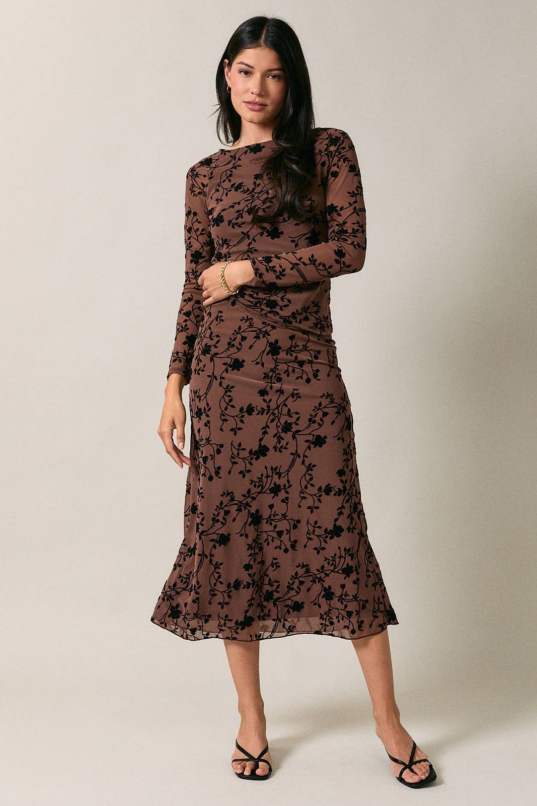 Pull On Flocking Velvet Mesh Floral Midi Skirt