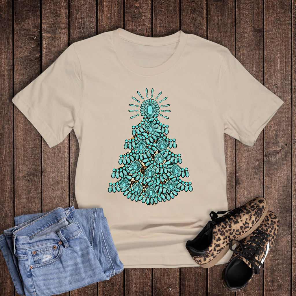 Christmas Western Turquoise Tree with Cheetah Graphic Tee