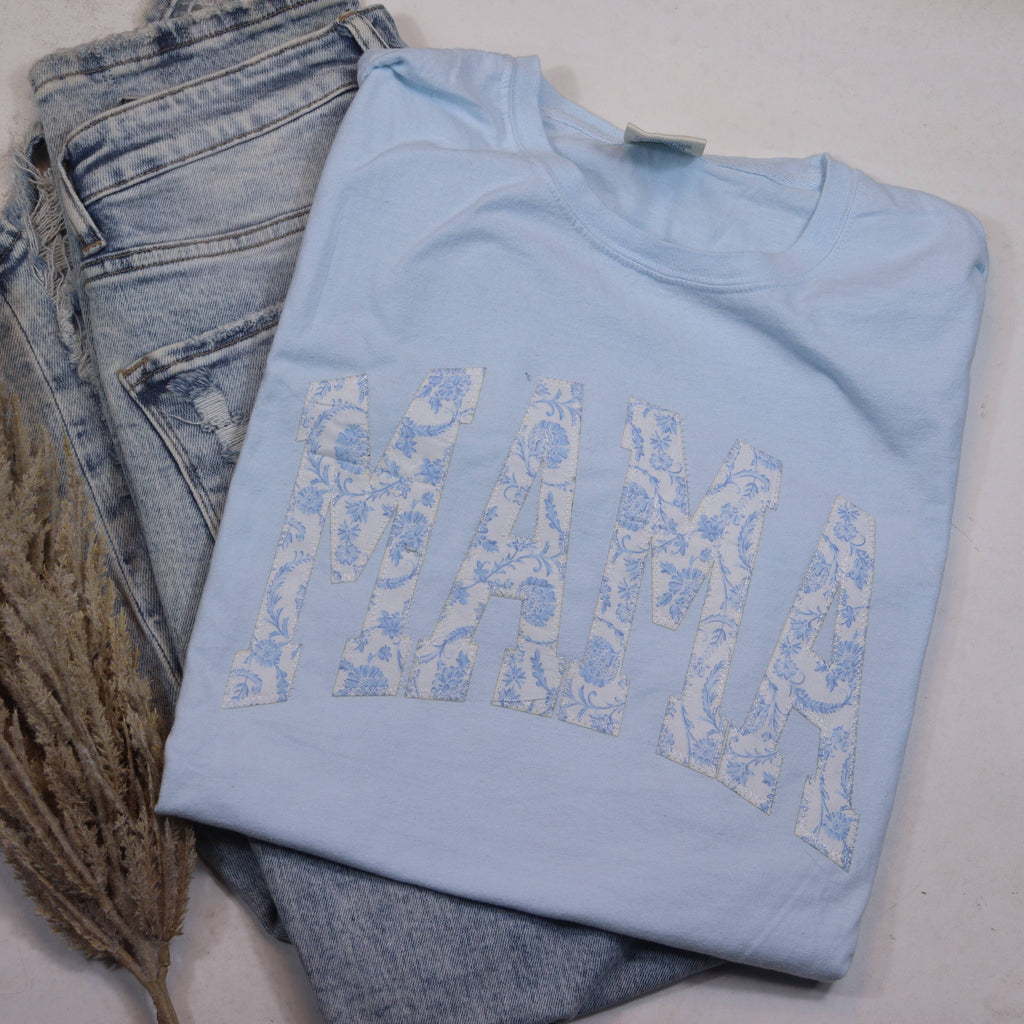 Light Blue Floral Mama Mother's Day Short Sleeve