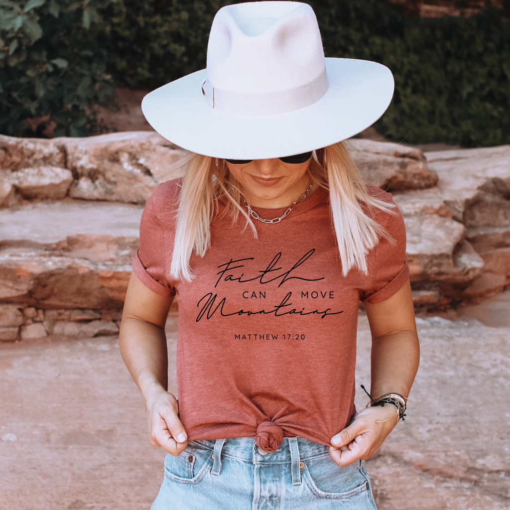 Faith Can Move Mountains Bible Verse Tee - Crew or V-Neck