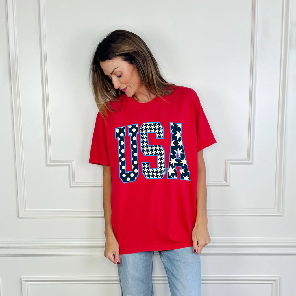 Red USA Oversized Graphic Tee, 100% Cotton