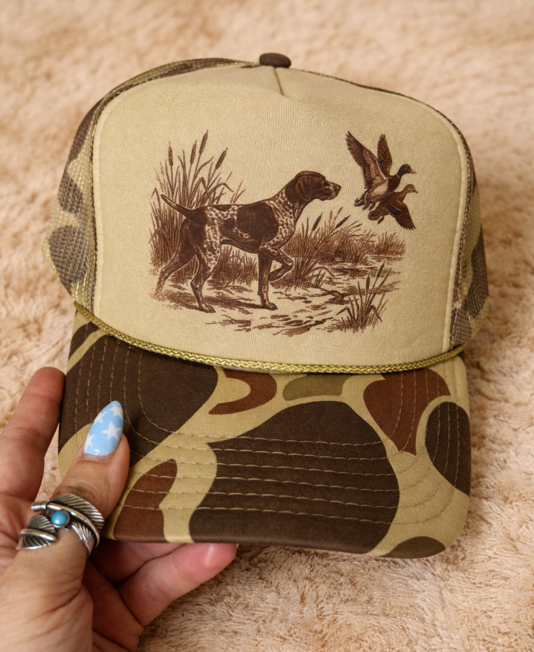 Duck Hunting Pointer Dog -  Camo Olive Foam Otto Trucker Hat