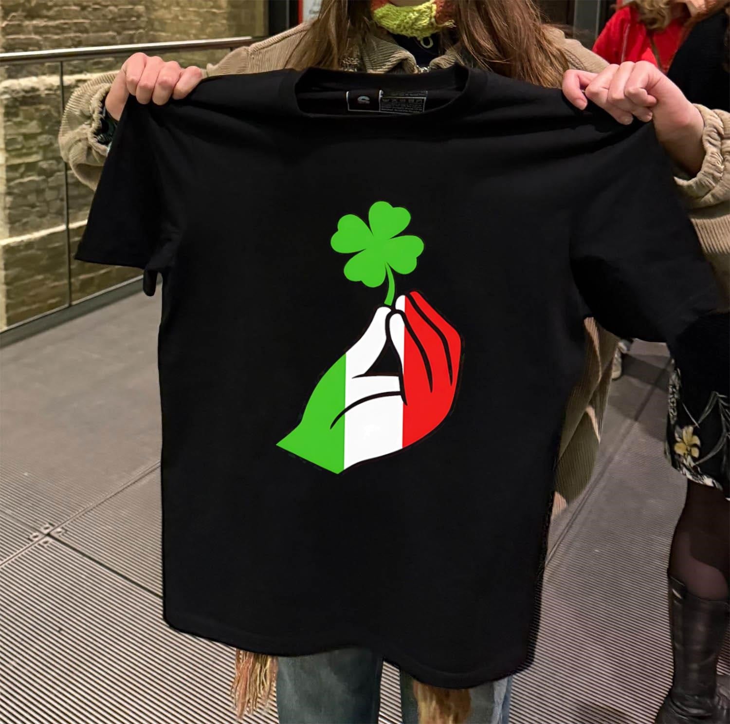 Italian Hand Gesture Holding Green Four Leaf Clover shamrock shirt