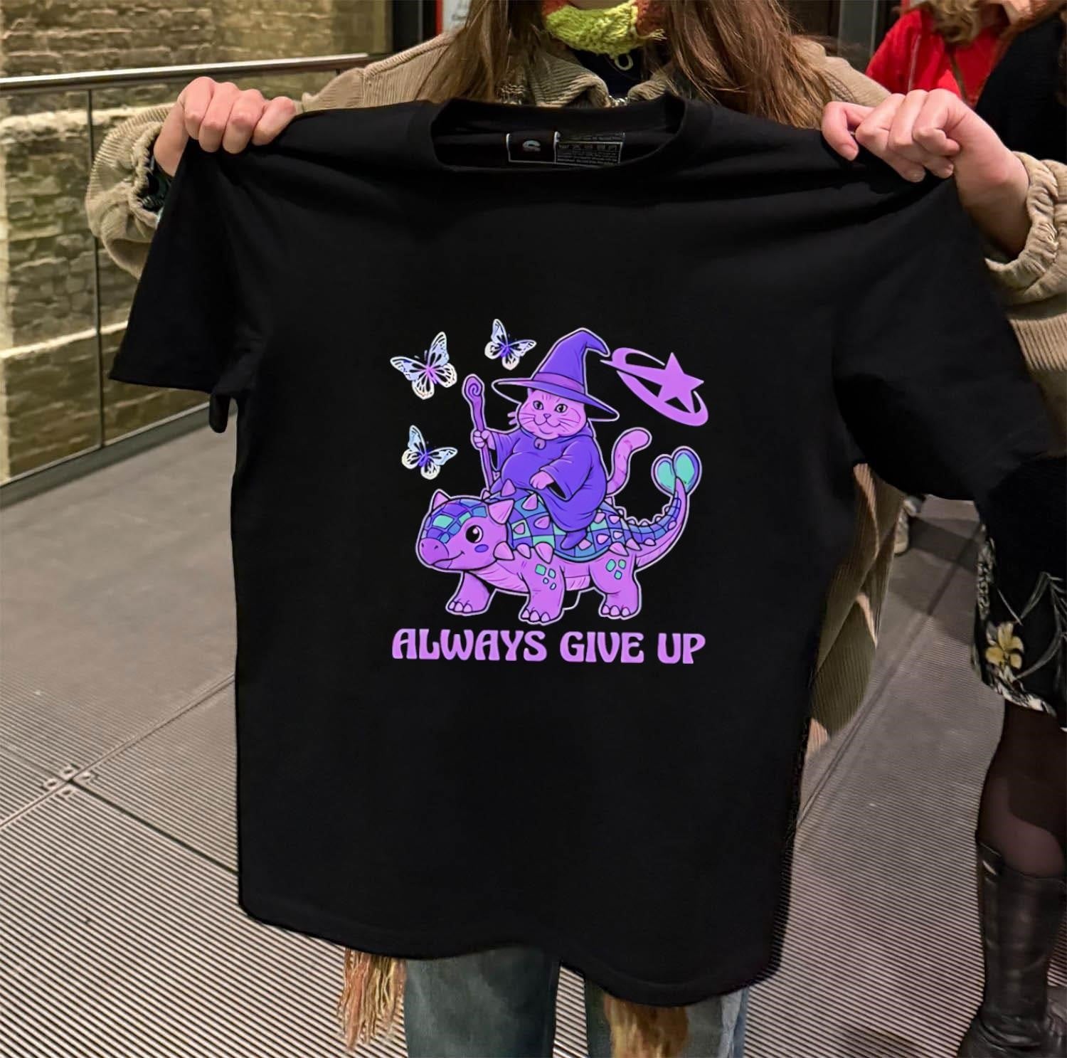 Always Give Up Wizard Cat Riding Dinosaur shirt