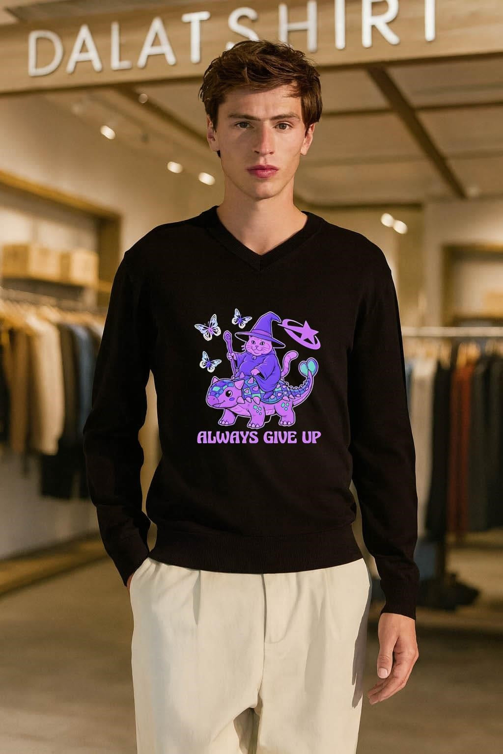 Always Give Up Wizard Cat Riding Dinosaur shirt