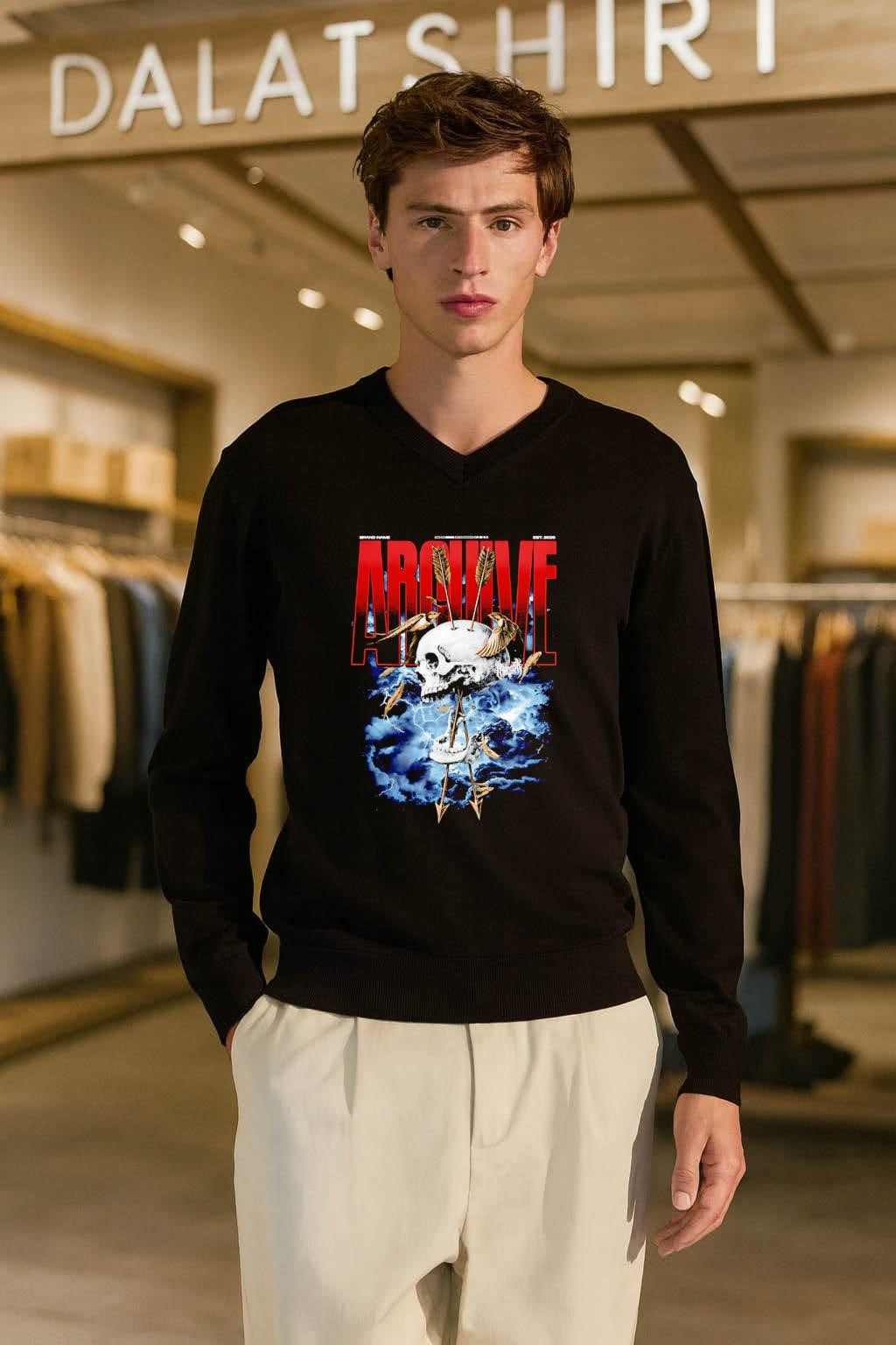Archive Skull with Arrows and Swallows Storm Background shirt