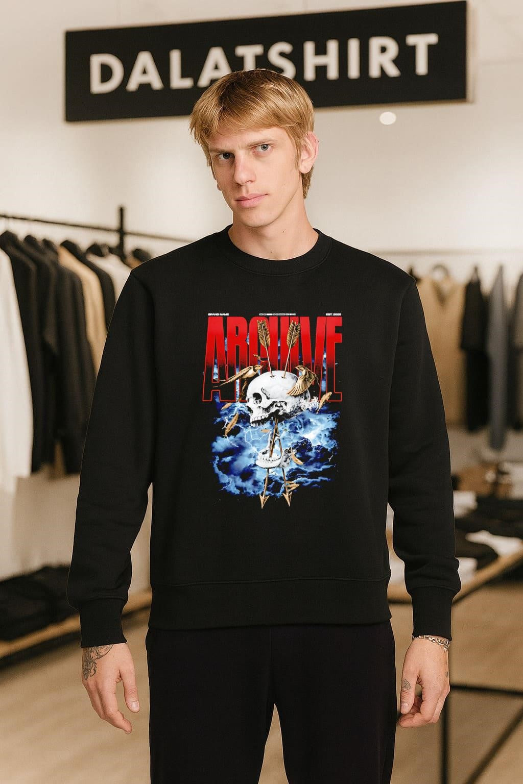 Archive Skull with Arrows and Swallows Storm Background shirt