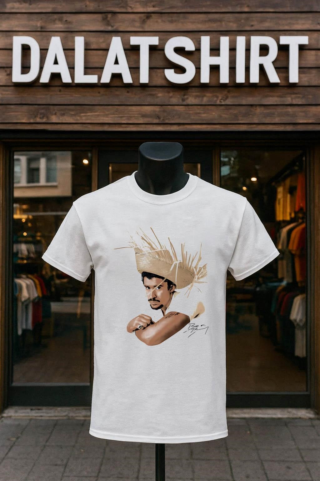 Bad Bunny Portrait with Straw Hat and Signature shirt