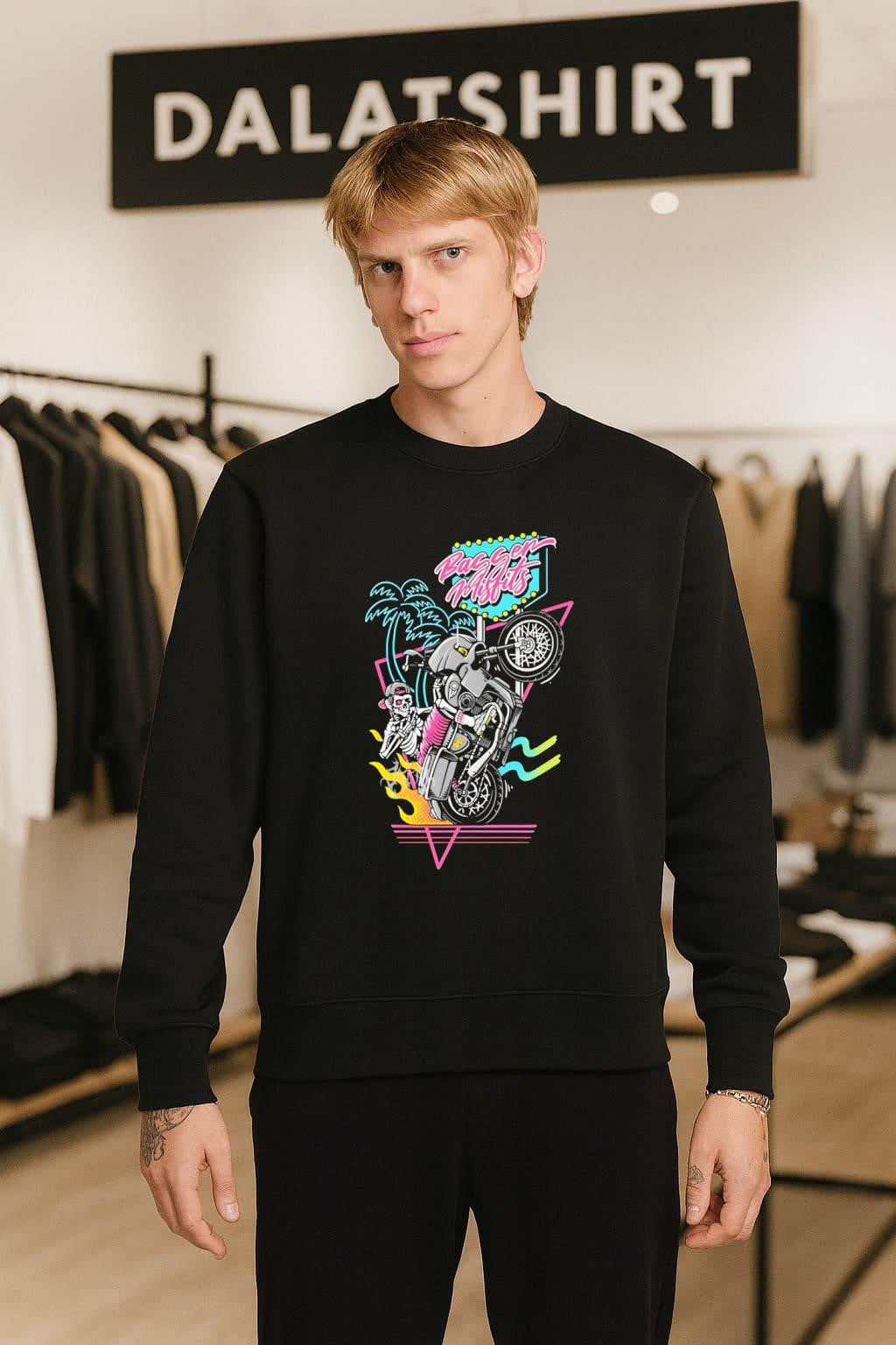 Bagger Misfits Skeleton Riding Motorcycle Wheelie Neon Palm Trees shirt