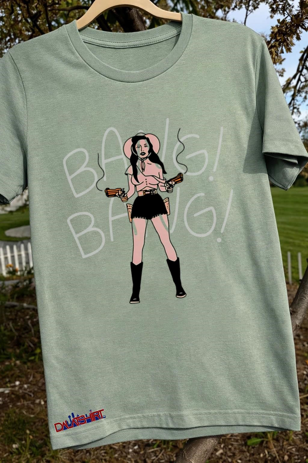 Bang Bang Cowboy Girl Holding Two Smoking Guns Graphic shirt