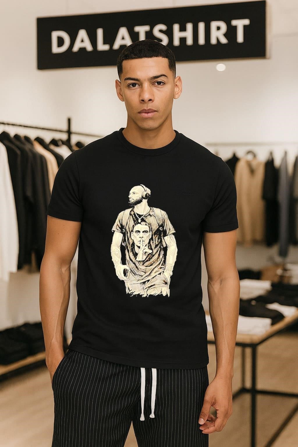 Bearded Man Wearing Headphones and Quiet Portrait Graphic shirt