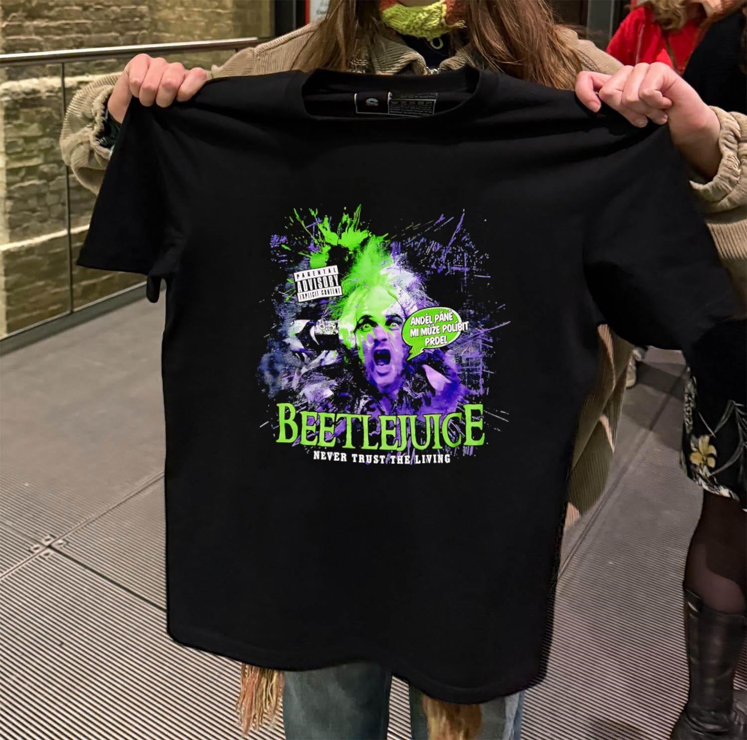 Beetlejuice Never Trust the Living purple green horror shirt