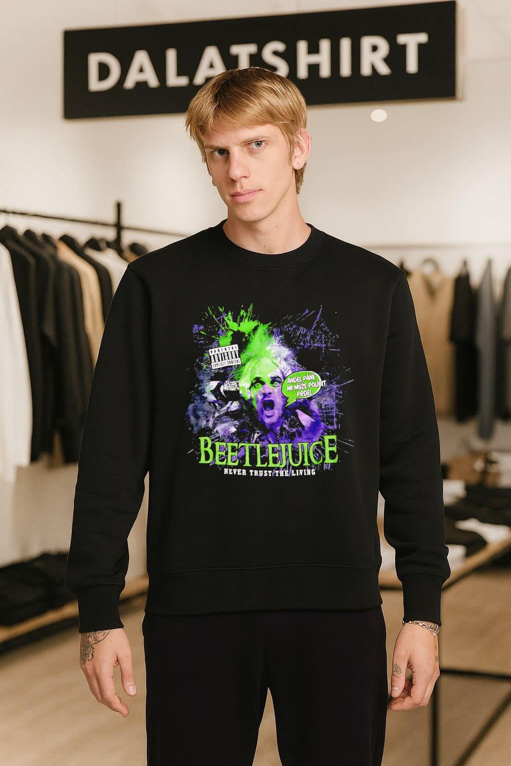 Beetlejuice Never Trust the Living purple green horror shirt