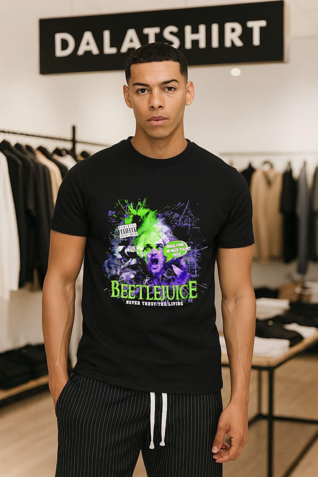 Beetlejuice Never Trust the Living purple green horror shirt