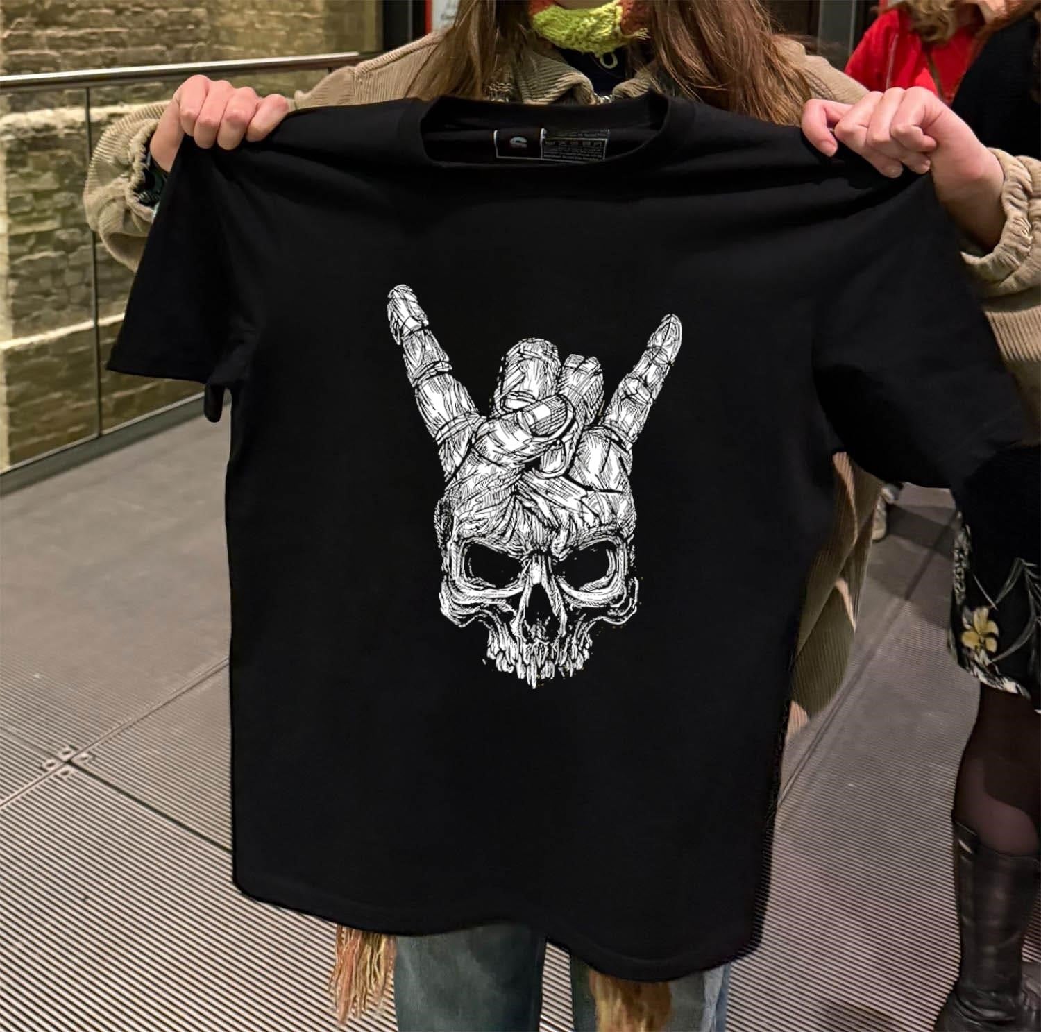 Black and White Sketch Skull with Rock and Roll Horns Hand Gesture shirt
