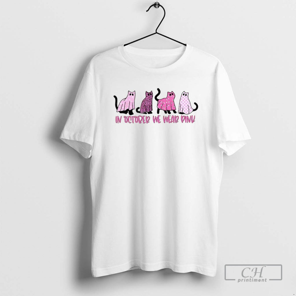 Black Cat Ghost In October We Wear Pink Breast Cancer Awareness T Shirts