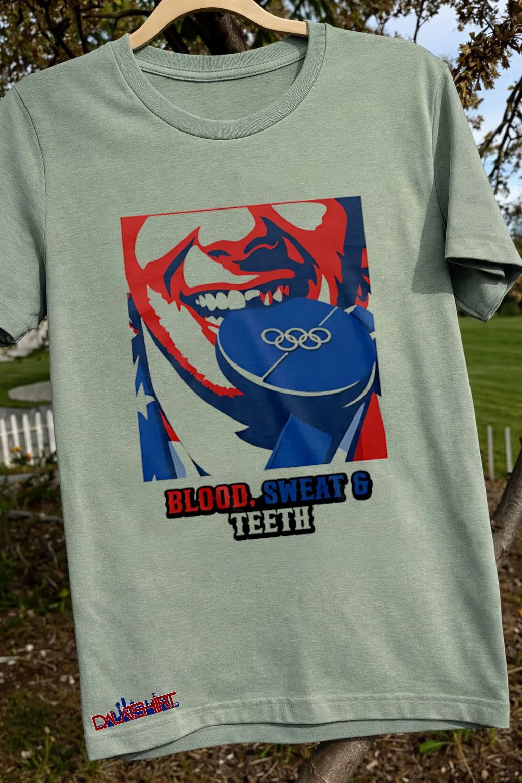 Blood Sweat and Teeth biting blue Olympic medal shirt