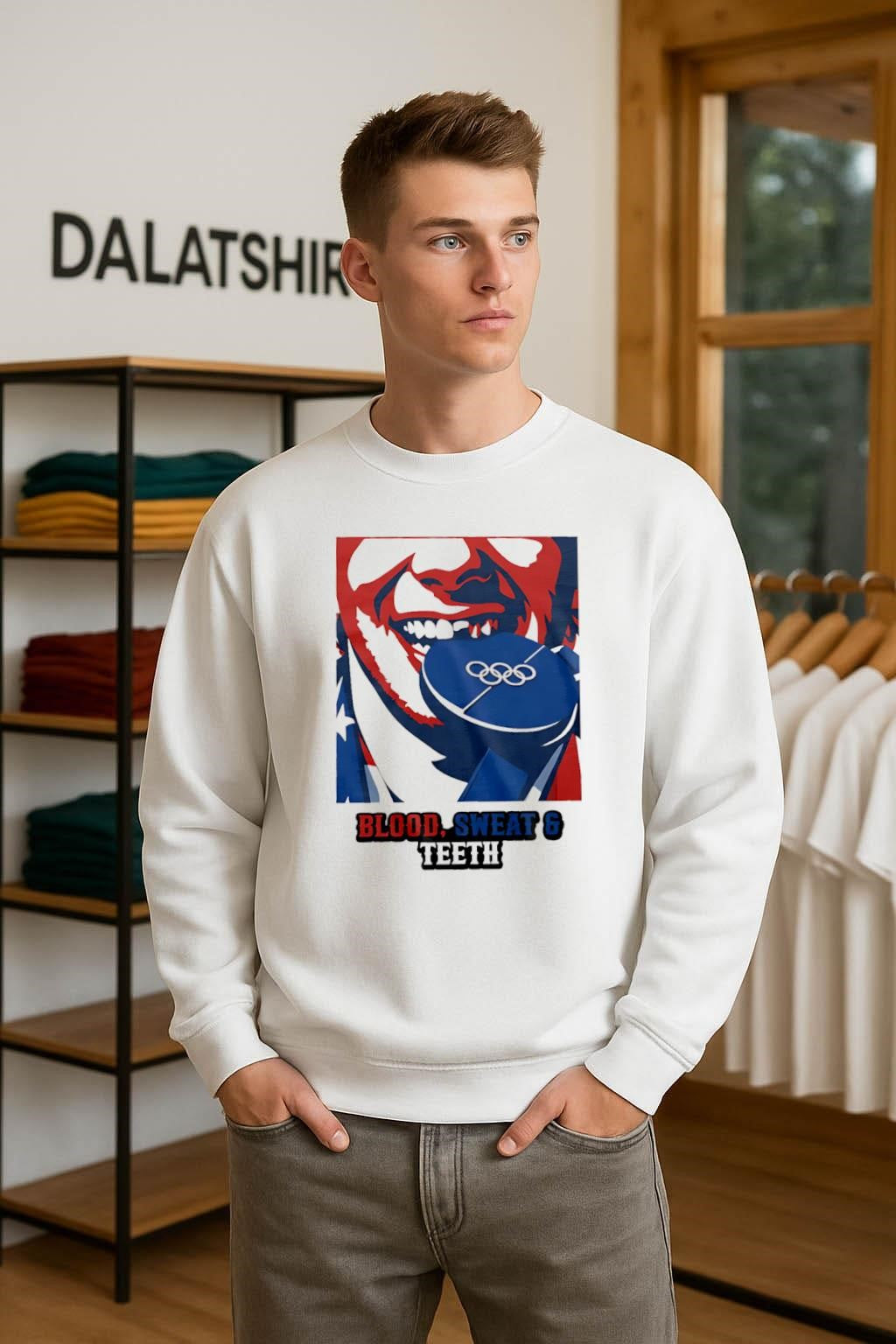 Blood Sweat and Teeth biting blue Olympic medal shirt