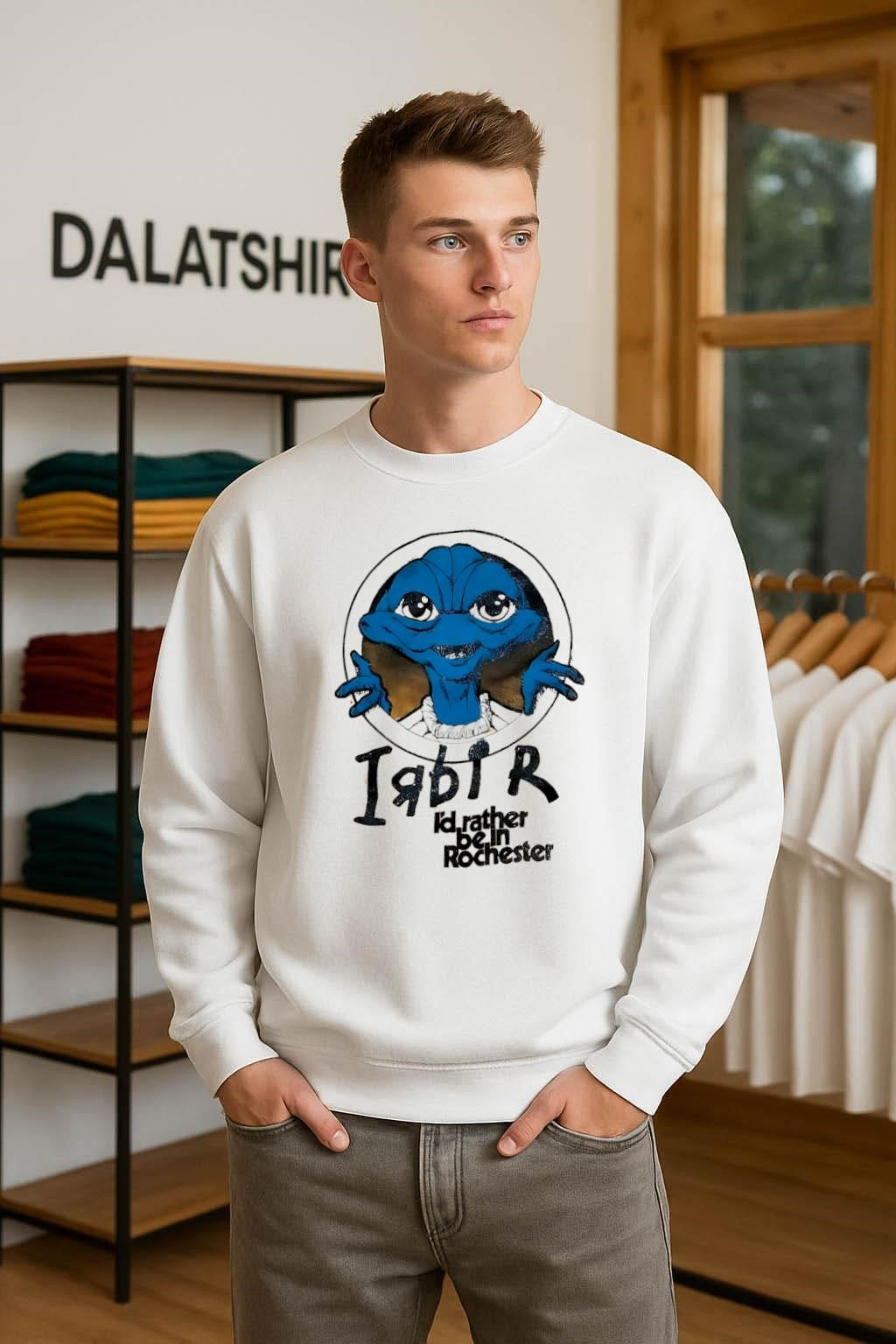 Blue Alien Character I’d Rather Be In Rochester Graphic shirt