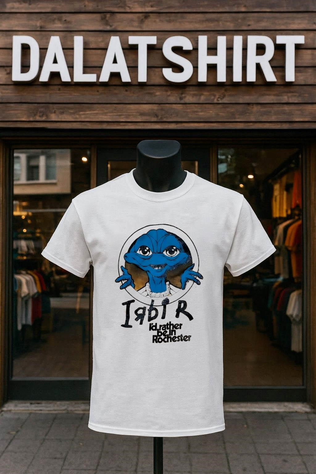 Blue Alien Character I’d Rather Be In Rochester Graphic shirt
