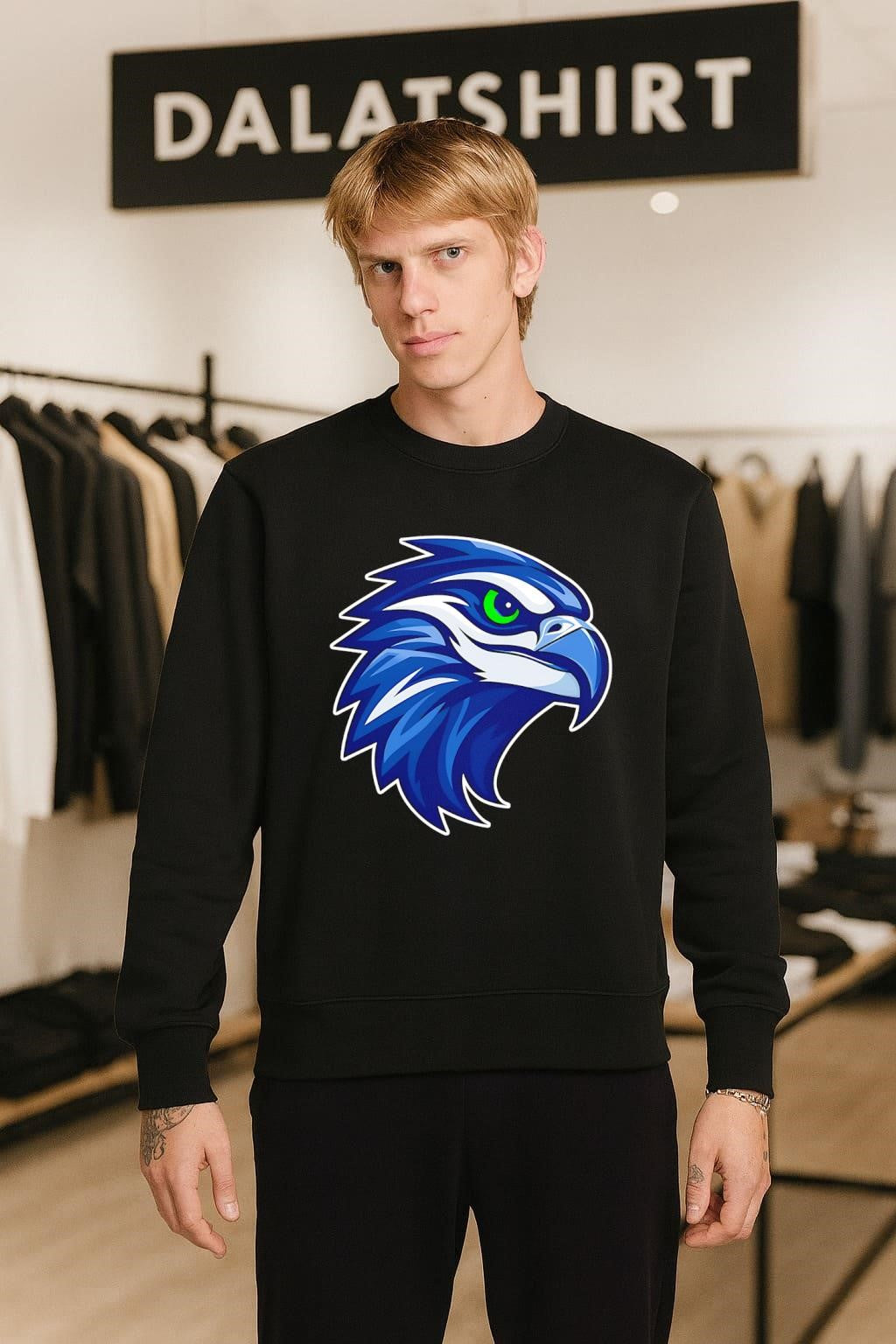 Blue Osprey Hawk Head Profile Green Eye Mascot Logo shirt