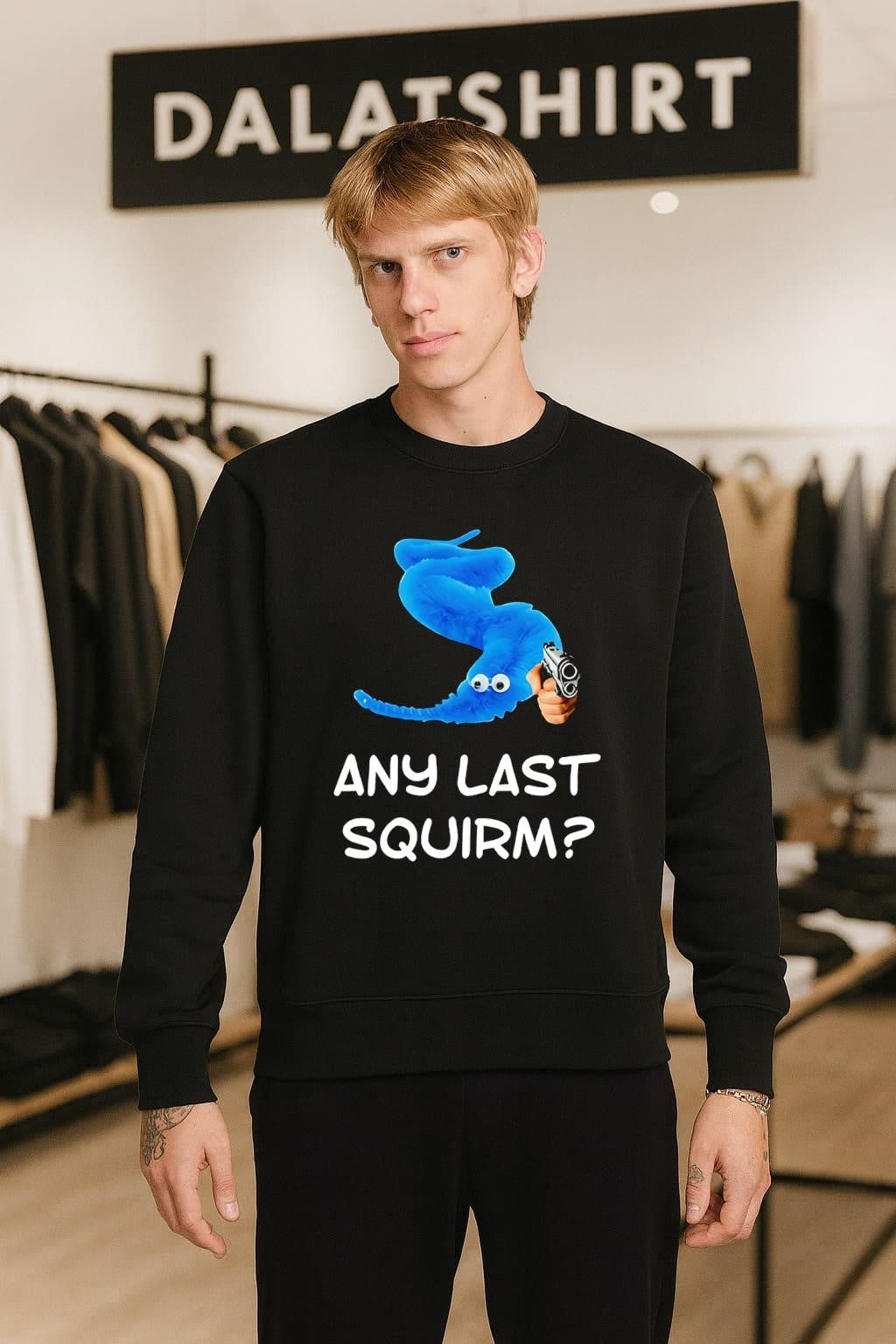 Blue Worm On A String Holding Gun Any Last Squirm shirt
