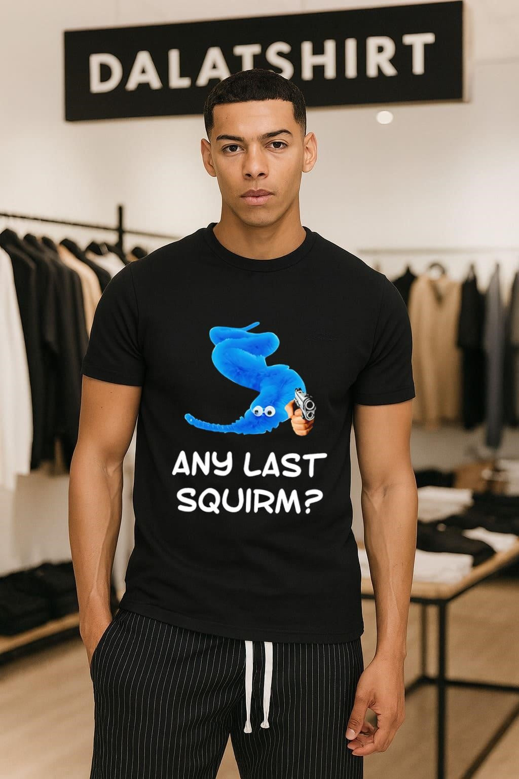 Blue Worm On A String Holding Gun Any Last Squirm shirt