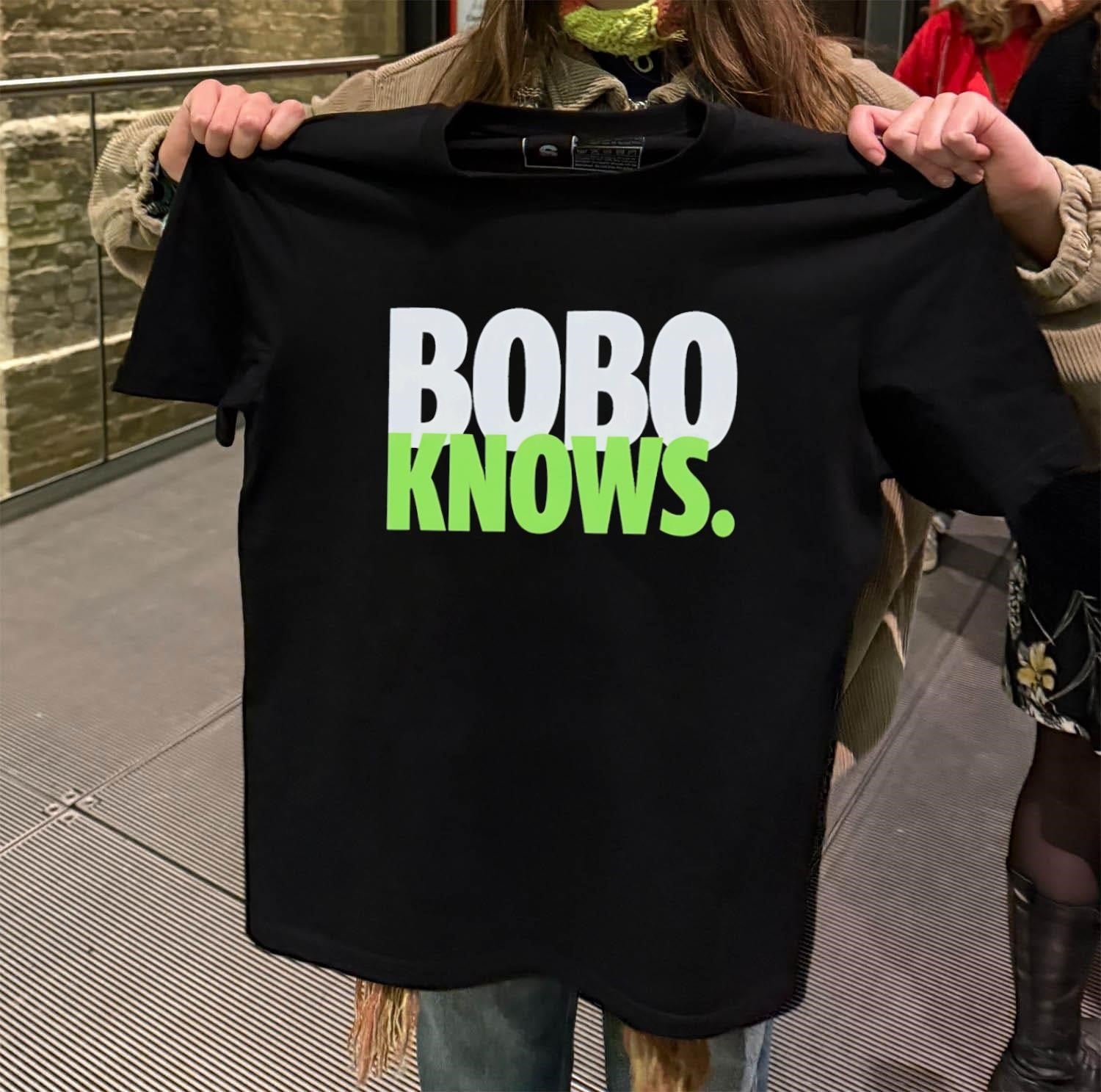 Bobo Knows Silver And Green Bold Text shirt
