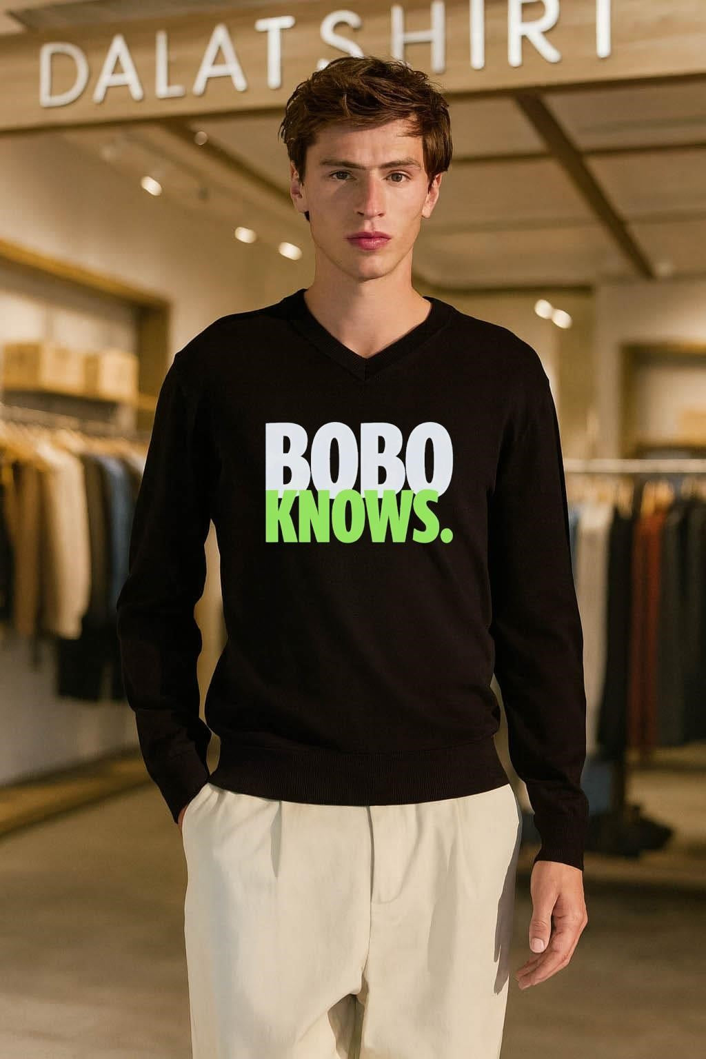 Bobo Knows Silver And Green Bold Text shirt