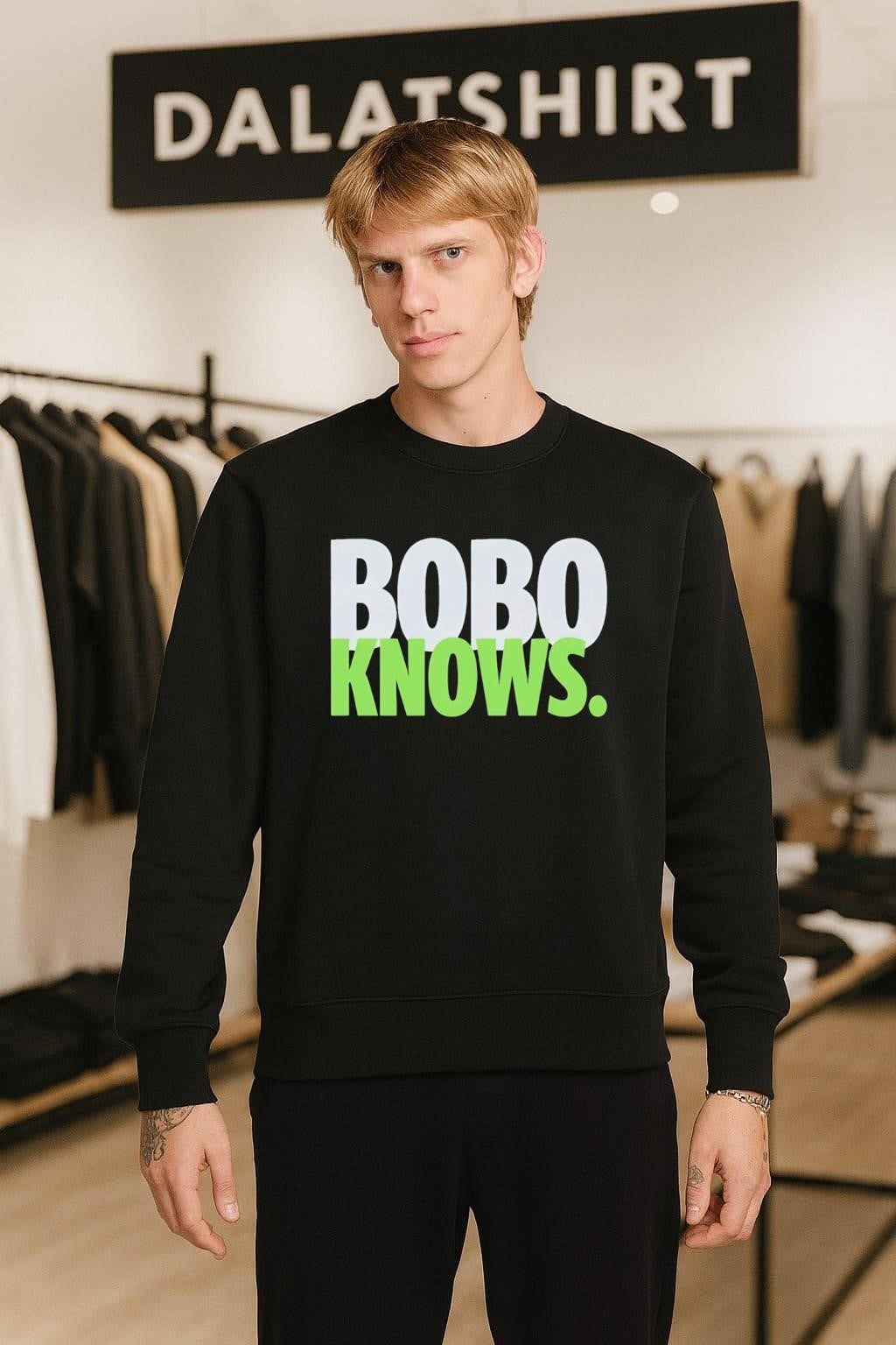 Bobo Knows Silver And Green Bold Text shirt