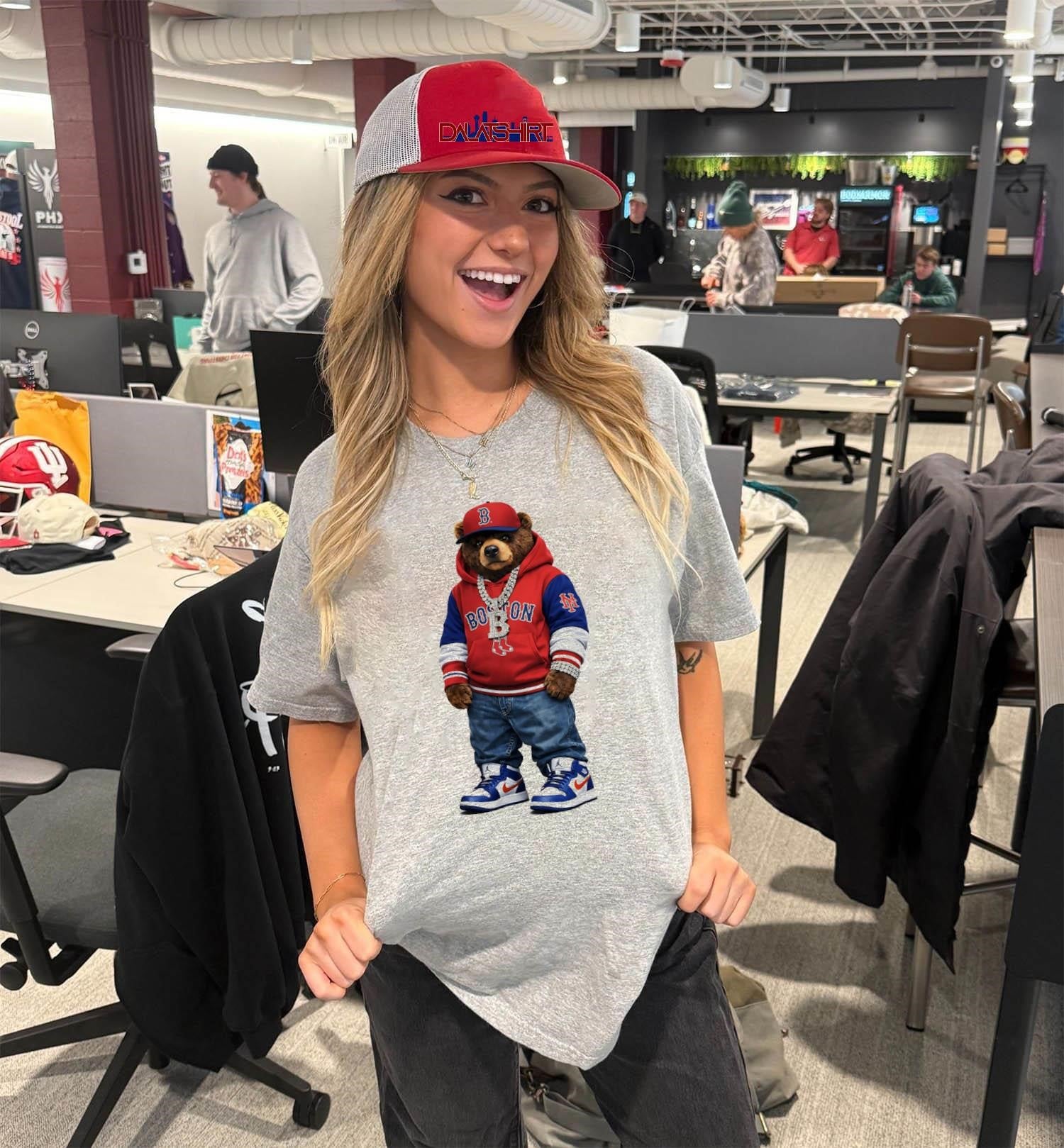 Boston Bear With B Gold Chain Red Hoodie Blue Jeans shirt