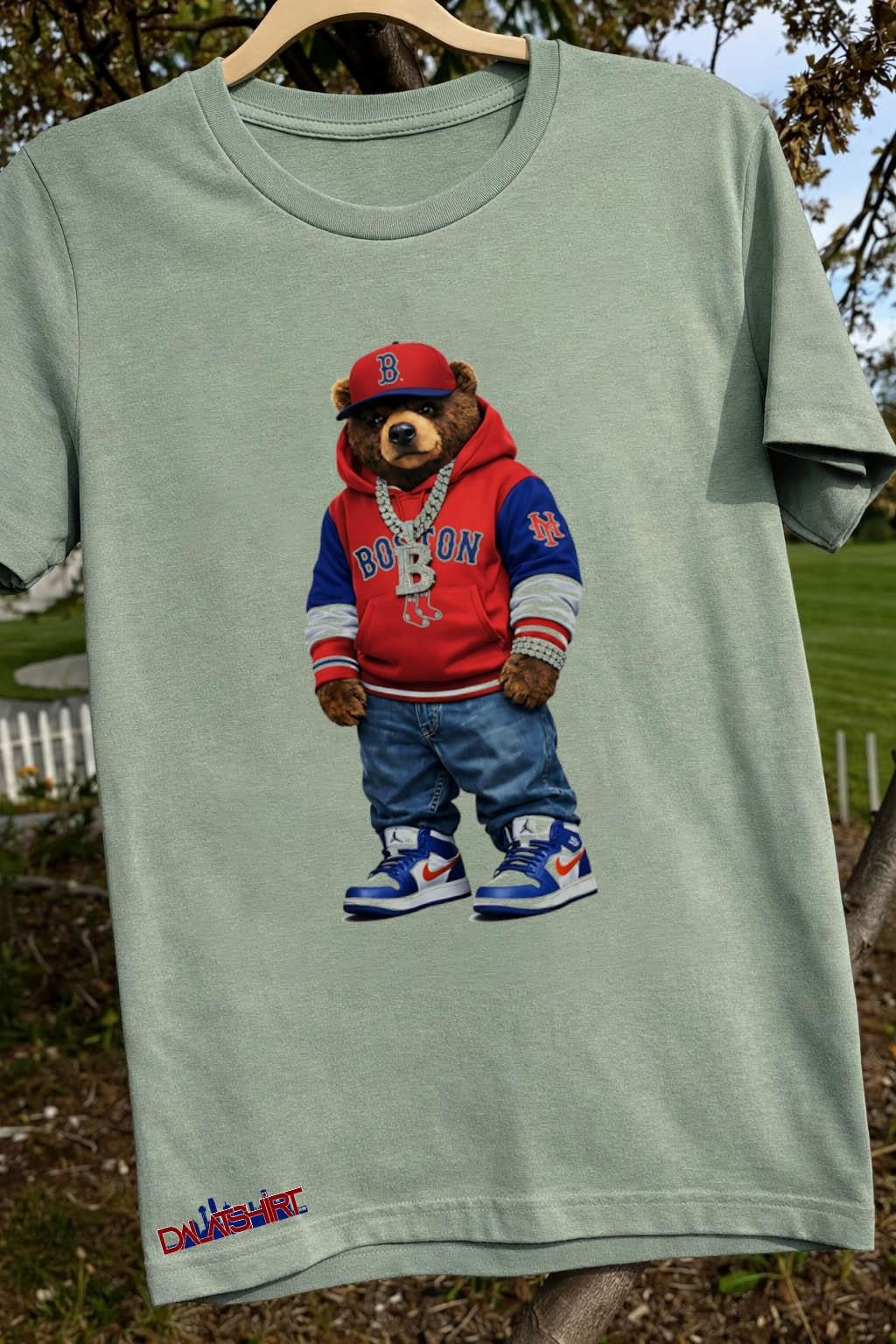 Boston Bear With B Gold Chain Red Hoodie Blue Jeans shirt