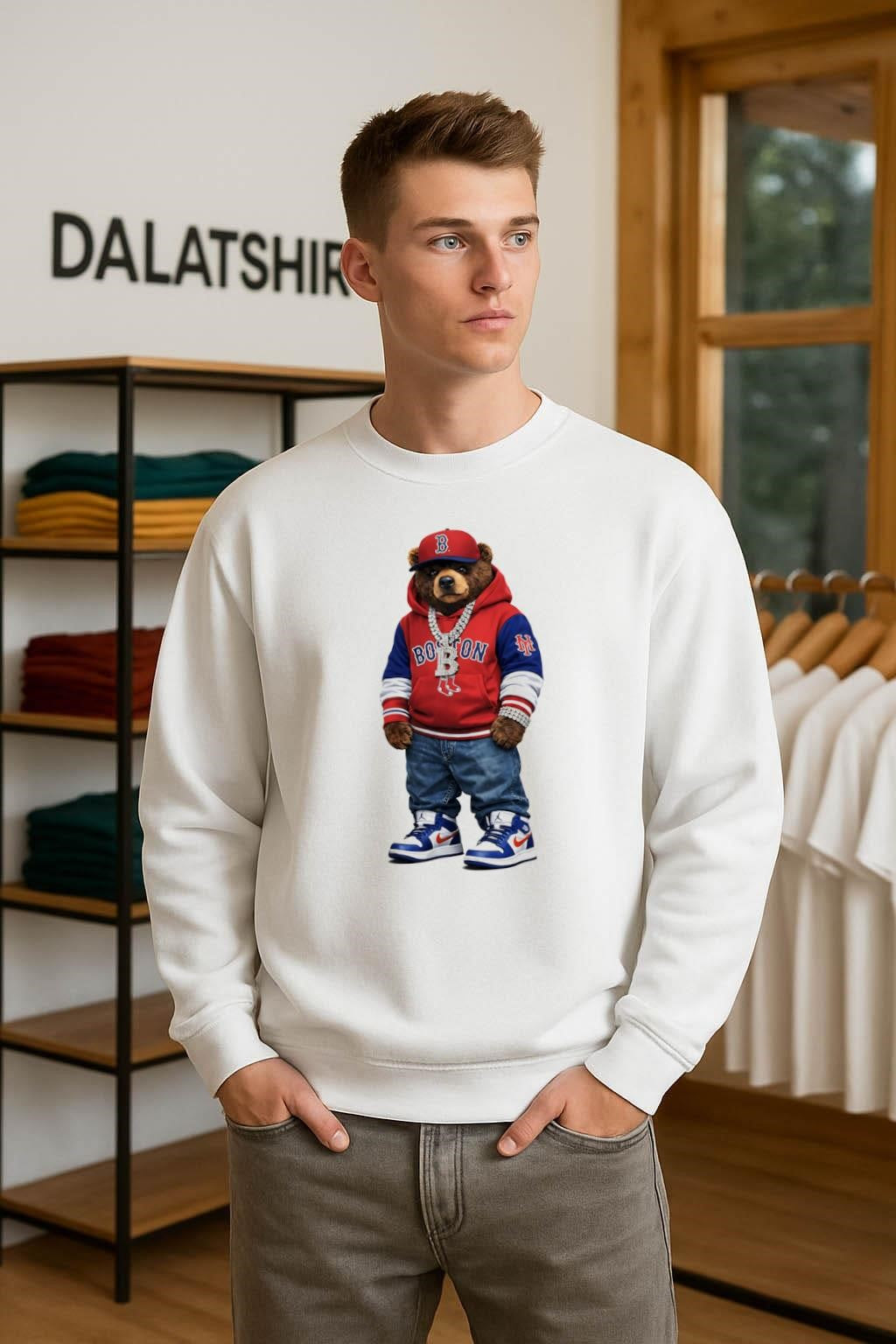Boston Bear With B Gold Chain Red Hoodie Blue Jeans shirt