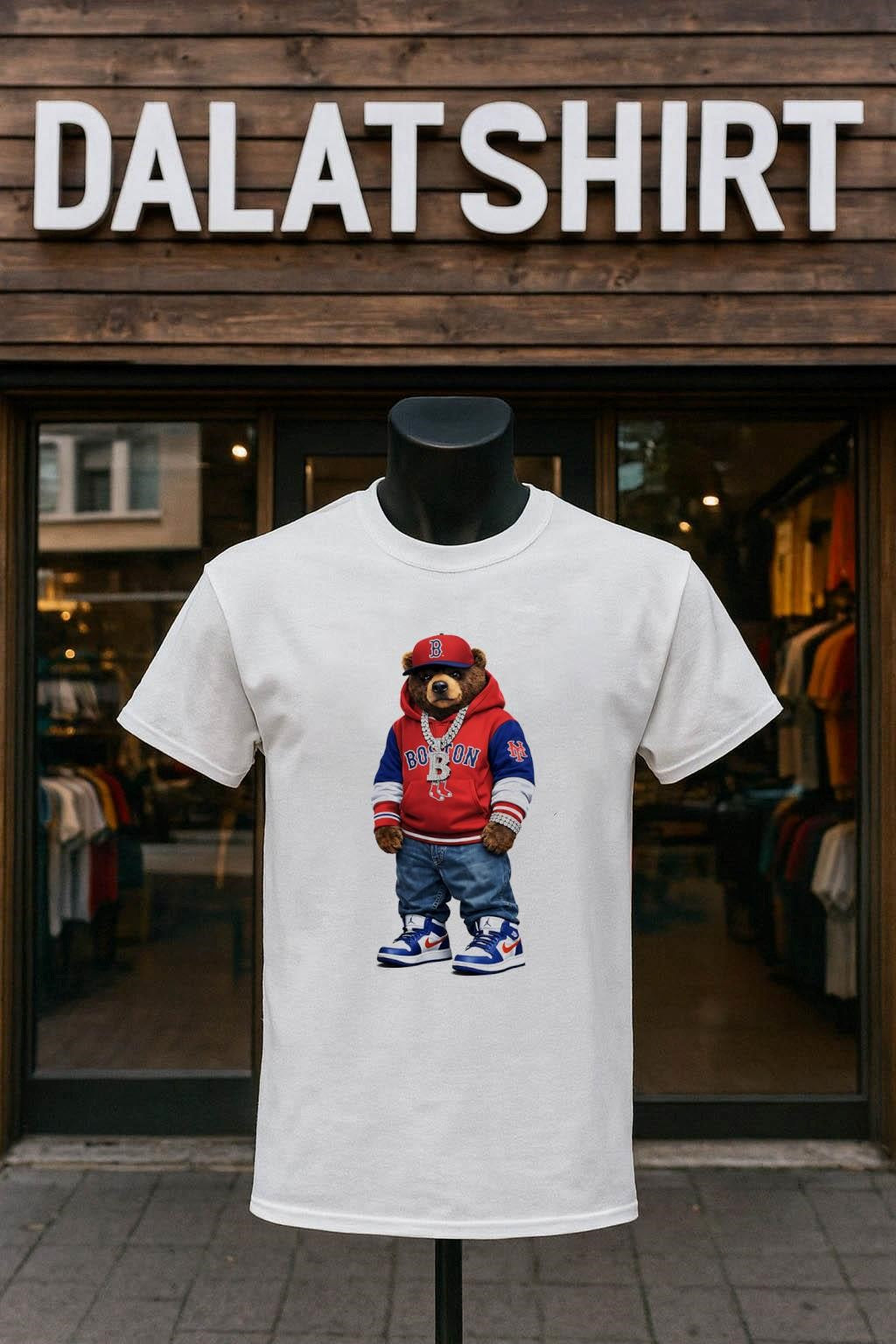 Boston Bear With B Gold Chain Red Hoodie Blue Jeans shirt