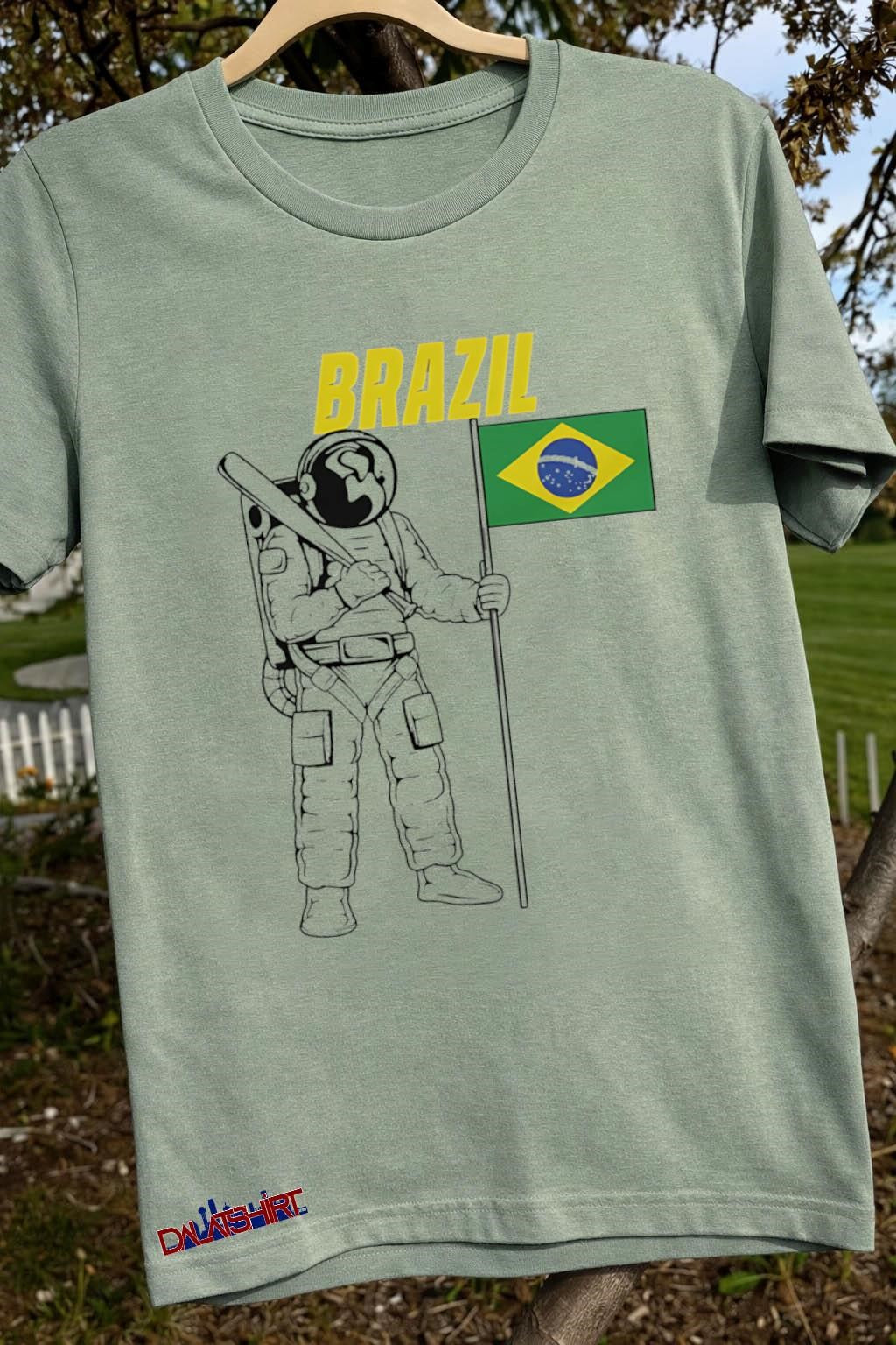 Brazil Astronaut Holding Baseball Bat and Flag of Brazil shirt