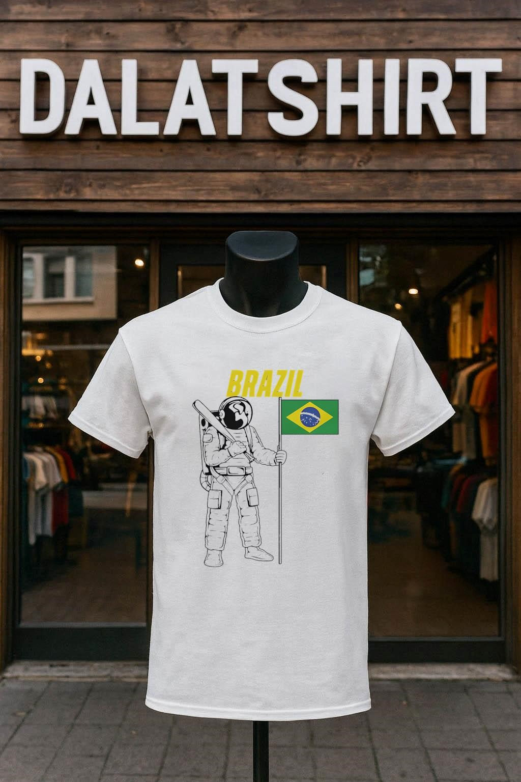 Brazil Astronaut Holding Baseball Bat and Flag of Brazil shirt
