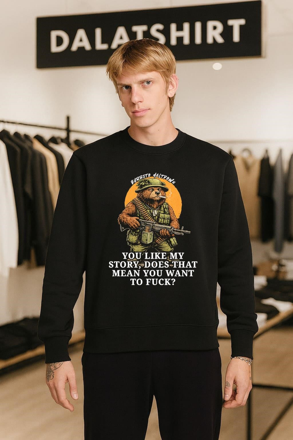 Burrito Meltdown Smoking Bear Soldier Machine Gun shirt