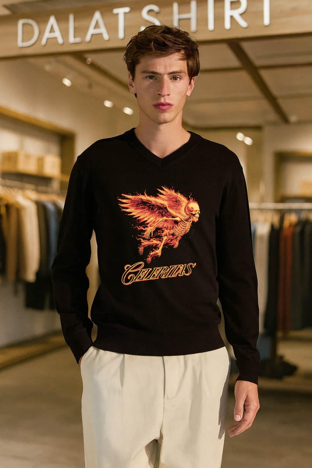 Celeritas Est 2026 Flaming Angel Skeleton Wings Speed Graphic shirt