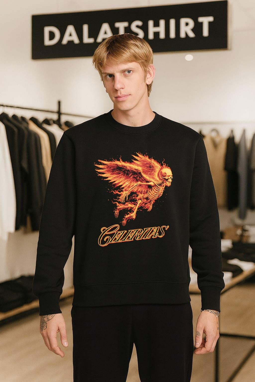 Celeritas Est 2026 Flaming Angel Skeleton Wings Speed Graphic shirt