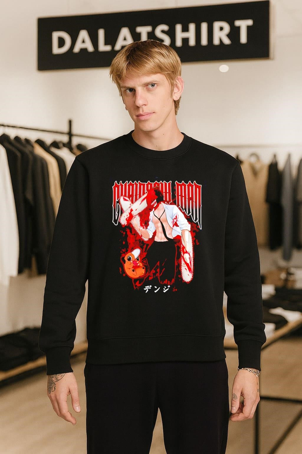 Chainsaw Man Denji Pochita Blood Splatter Graphic Anime Manga Style shirt