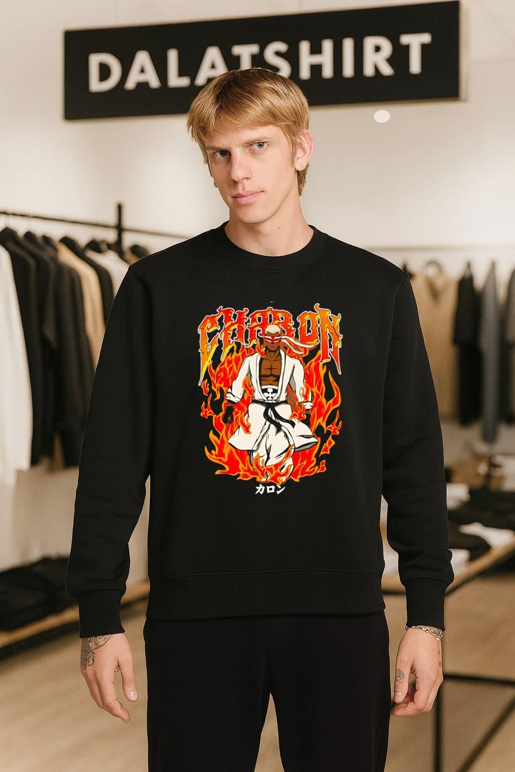 Charon Fire Force Anime Character Flaming Background Japanese Text Katakana shirt