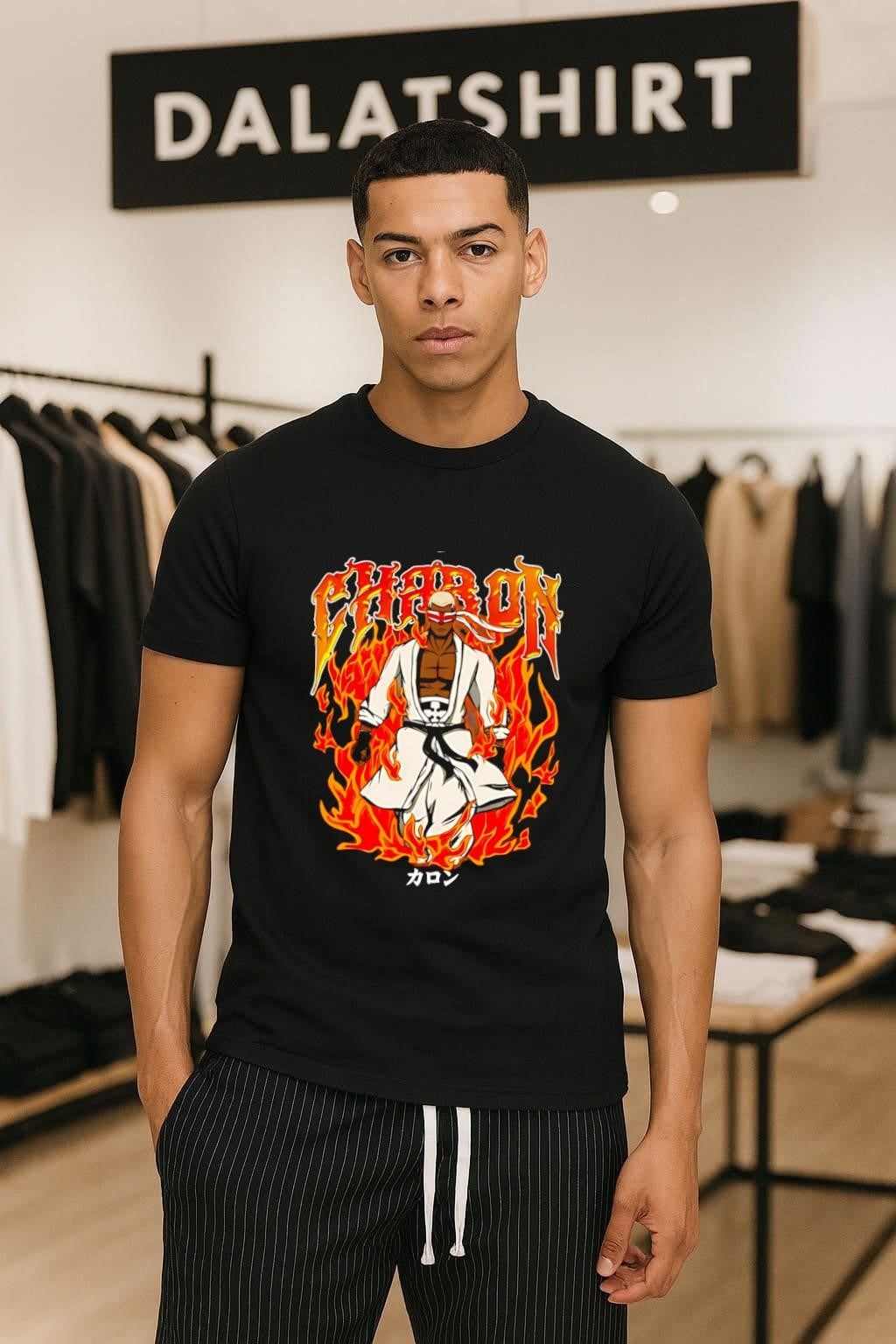 Charon Fire Force Anime Character Flaming Background Japanese Text Katakana shirt