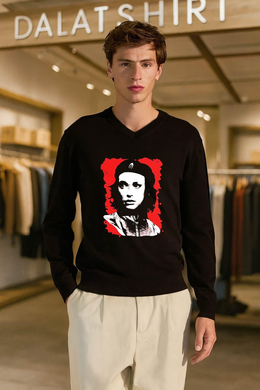 Che Guevara Style Portrait with Red Grunge Background shirt