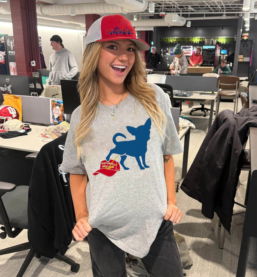 Chihuahua peeing on red Make America Great Again hat shirt