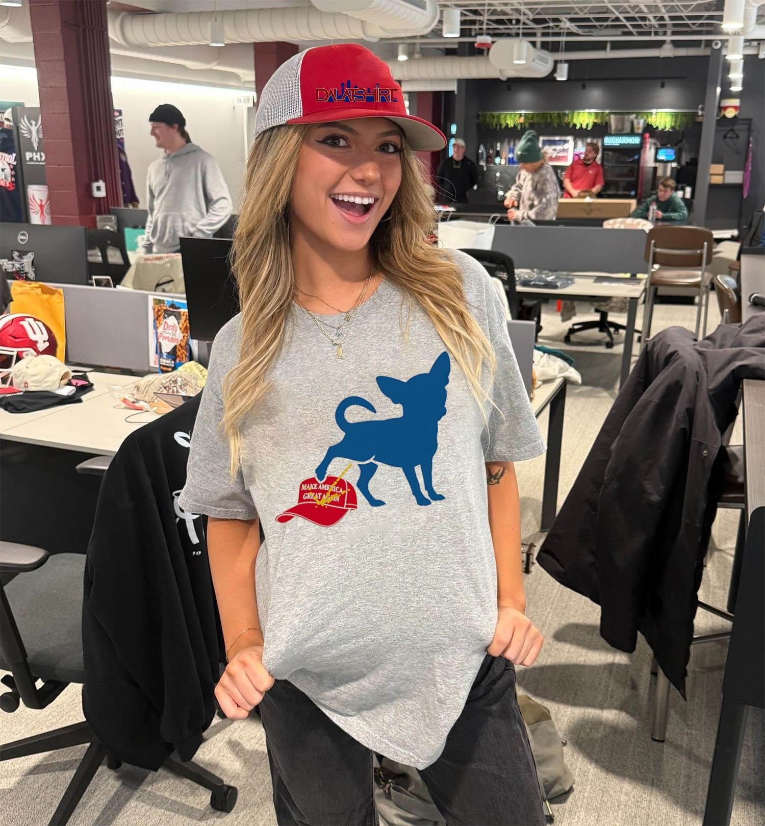 Chihuahua peeing on red Make America Great Again hat shirt
