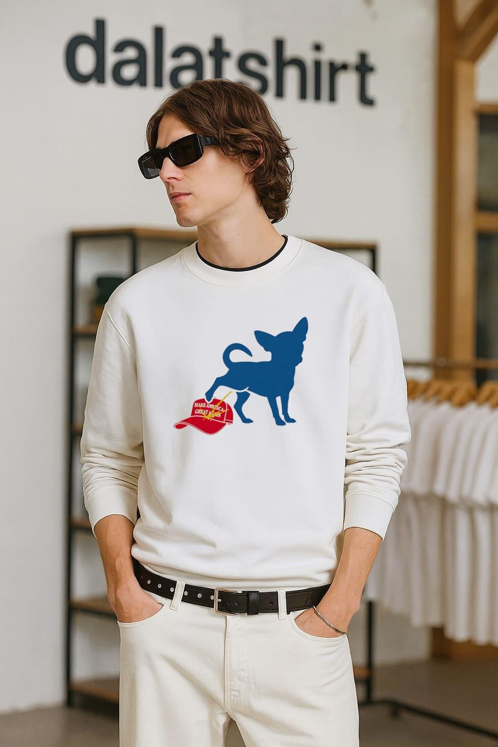 Chihuahua peeing on red Make America Great Again hat shirt